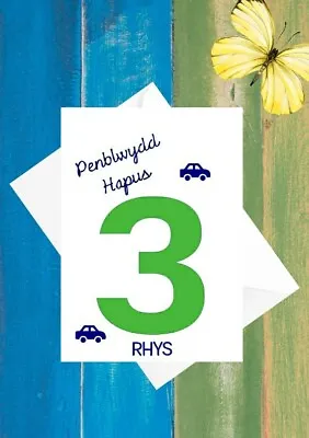 Personalised Welsh 3rd Birthday Card - Penblwydd Hapus -  Boy 3 Year Old - Three • £3.85