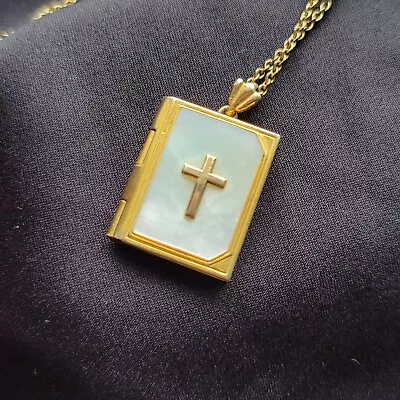 Vintage Gold Cross & Mother Of Pearl Bible Lord's Prayer Locket Charm Necklace  • $29.99