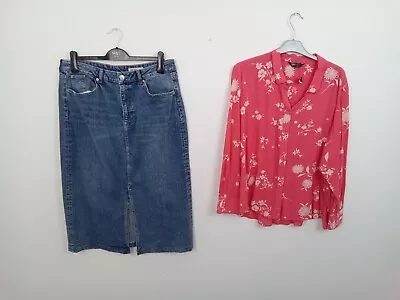 M&S Women's Denim Skirt Size 16 With Peach Floral Shirt New Without Tag F2 • £9.99