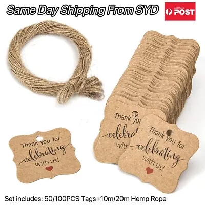 $9.59 • Buy 50/100PC THANK YOU Kraft Gift Tags With Rope Wedding Favor Baby Shower Birthday 