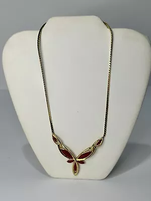 Vintage Trifari Gold Enamel Pendant RED Necklace 1980's • $10.99