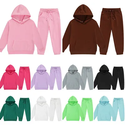 Boys Girls Plain Hoodie Tracksuit Set Kid Hooded Fleece Sweatshirt Top+Pant Suit • £14.49