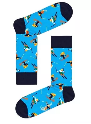 HAPPY SOCKS Men's Blue Organic Cotton Crew Downhill Skiing Socks Size 8-12 NWT • $8