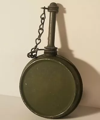 VINTAGE Military Banjo Shaped Round Green Metal Oil Can With Chain & Cap • $29.39