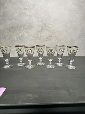 W1 Vtg Monogram Initial M Gold Logo Trim Apertif Drinking Glasses Set Of 7 • $7.99