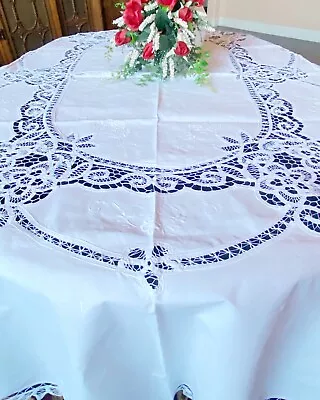 Vintage Battenburg Lace Tablecloth 70X88  70X124  70X142  OVAL White Ecru Cotton • $67.50