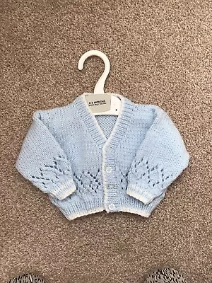 Hand Knitted Baby Cardigan In Blue With White Edging 0-3 Months. • £4