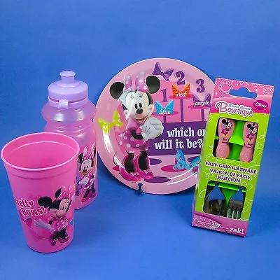 DISNEY MINNIE MOUSE Tumbler Cup Water Sport Bottle Plate Fork Spoon Mealtime Set • $27.99