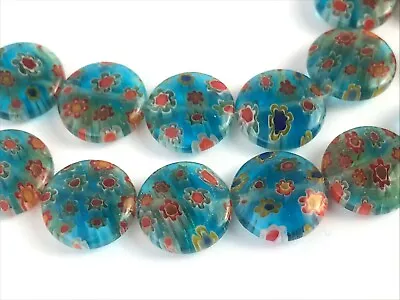 12 Glass Millefiori Beads Blue Round Flat 12mm Red Yellow Green Flowers Strand • £3.50