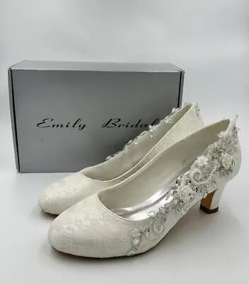 Emily Bridal Wedding Shoes Women's Silk Like Satin Chunky Heel Lace Pumps Size 7 • £19.99