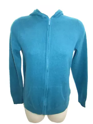 LL Bean 100% Cashmere Teal Blue Hooded Full Zip Sweater Pockets S May Fit XS • $22.95