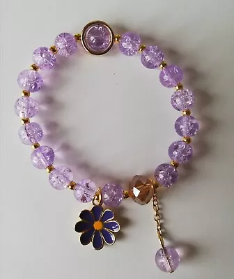 Girls / Ladies Purple Crackle Glass Beaded Bracelet With Daisy Flower Charm  • £3.29