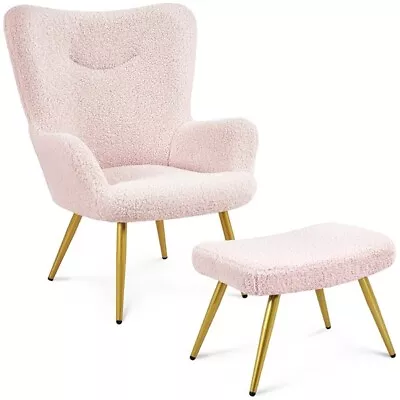 Accent Chair And Ottoman Set Armchair With Footstool With Golden Metal Legs Pink • £69