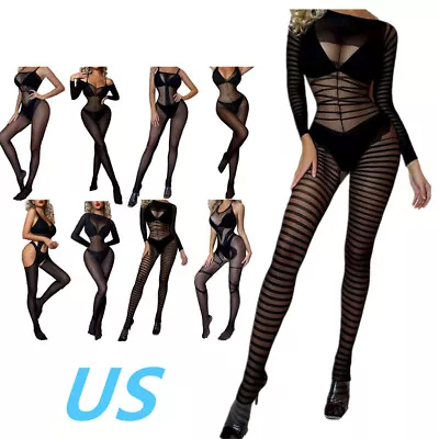 US Women's Sheer Bodysuit Jumpsuits Sexy Stretchy Leotard Bodystocking Pantyhose • $7.47