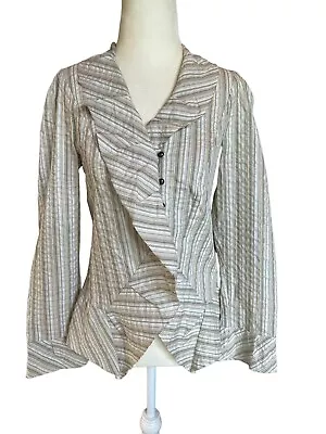 Nicole Miller Collection Womens Top Small Tan Metallic Stripe Ruffle Long Sleeve • $10.96