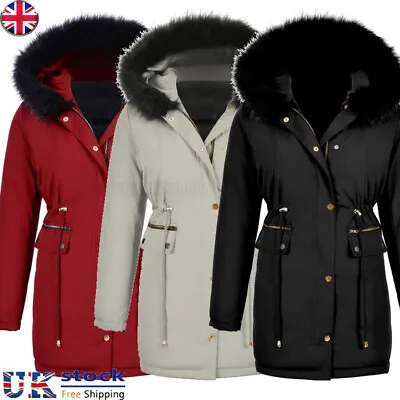 Womens Quilted Parka Hooded Ladies Thick Winter Thin Coat Long Jacket Outwear UK • £22.58