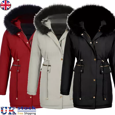 Womens Quilted Parka Hooded Ladies Thick Winter Warm Coat Long Jacket Outwear UK • £22.58