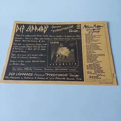 Def Leppard Vintage Australian Countdown ARIA Chart Sheet Pyromania • $14.95