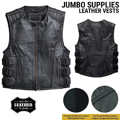 Mens Motorcycle Leather Waistcoat SWAT Style Biker Vest 100% Real Leather • £59.99