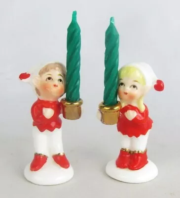 Vintage Napco Miniature Christmas Valentine Elf Pixie Candle Holder Figure Pair • $37.95