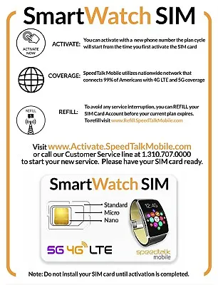 SpeedTalk Smartwatch SIM Card Starter Kit For 4G 5G LTE Smart Watches • $0.99