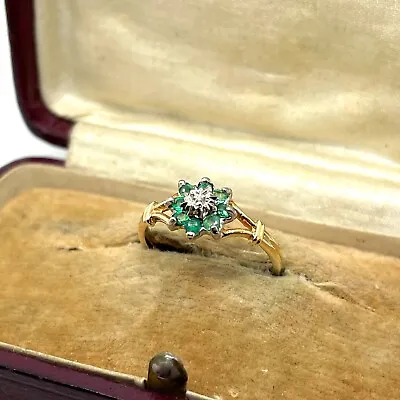 9ct Gold Emerald Ring Size L 9ct Yellow Gold Hallmarked Emerald And Dia Floral • £95