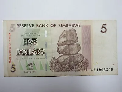 Old Zimbabwe Paper Money Currency - #66 2007 $5  Elephant - Nice Circulated • $1.67