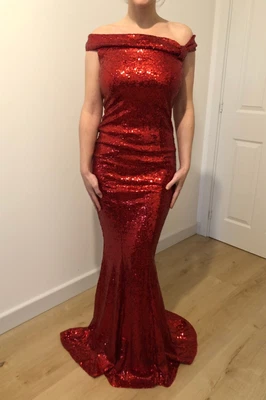£18 • Buy Goddiva - Bardot Sequin Maxi Dress With Bow Detail - RED - Size 8