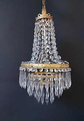 Antique Vintage Brass & Crystals French Empire Chandelier Ceiling Lamp Light • $245