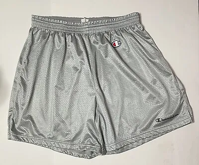 Vintage Champion Mesh Drawstring Gym Shorts Silver Gray XL 40-42 Spellout • $39.99