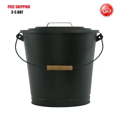 $55.69 • Buy Ash Can With Lid- Black Steel Fireplace Ash Bucket Fire Pits Wood Burning Stove
