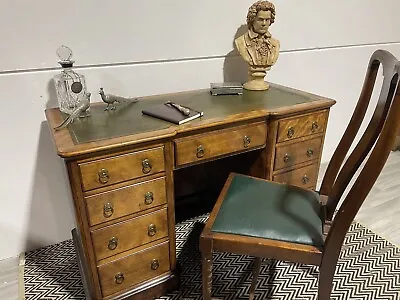 Antique Yew Pedestal Desk With Green Leather Top • £450