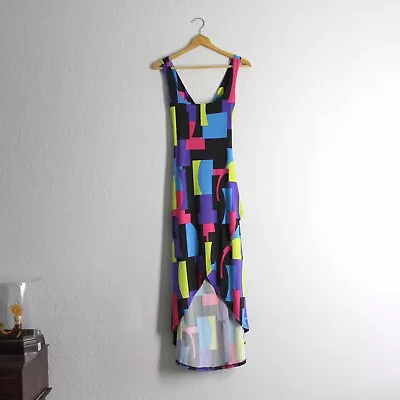 Va Va Voom  Womens Dress M Bright Retro Colorblock High Low Maxi Cross Back • $19.99