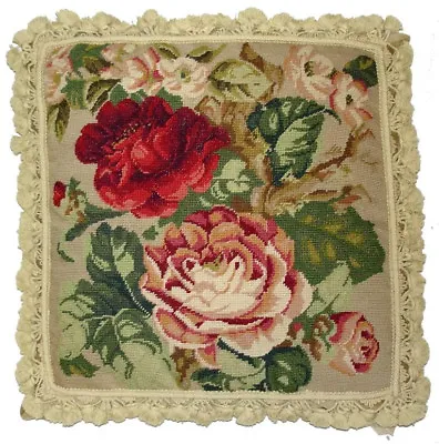 Wool Needlepoint Throw Pillow Dark Red And Pink Cabbage Roses Cushion 22x22 • $294.03