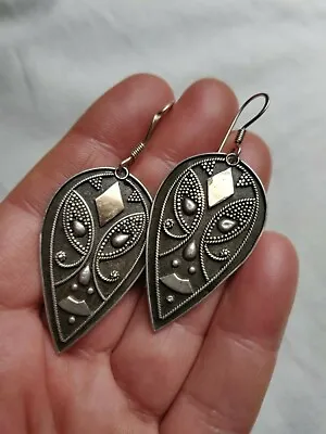 Vintage Middle Eastern Sterling  Silver 925 Earrings Leaf Shape/ Gold Decoration • $46.73