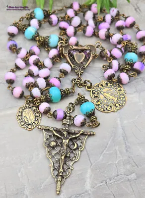 Miraculous Mary Lourdes Sun Moon Pink Blue Opal Vintage Bronze Ornate Rosary • $169