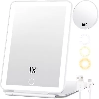 LED Foldable Makeup Mirror 3 Light Modes USB Rechargeable Cable 10x Amplifier • $13.99