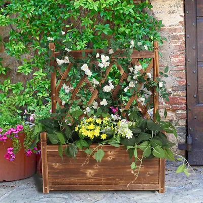 Garden Wooden Planter Box With Trellis Diamond Lattice Flower Raised Bed Outdoor • £35.91