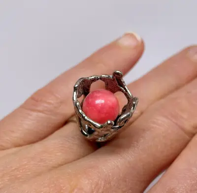 Vintage Rhodochrosite Silver Ring Tulip Ring Modernist Ring Pink Gem Cocktail • $110.91