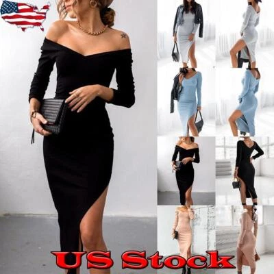 $23.49 • Buy Women Sexy V Neck Ribbed Slim Fit Bodycon Dress Ladies Party Slit Mid Dress US