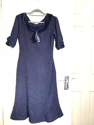 Stunning Blue Mix Dress With Fab Velvet Collar Size 12 Excellent Condition • £8