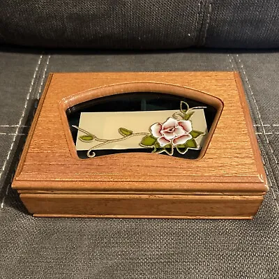VTG MELE Small WOODEN JEWELRY BOX-WITH GLASS TOP AND PAINTED FLOWERS • $15