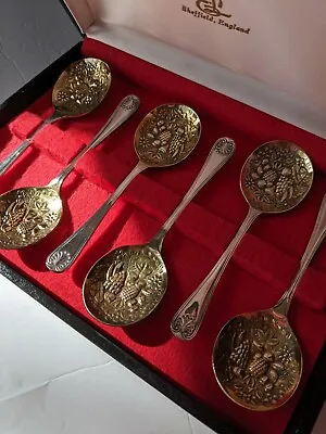 Vintage Sheffield England EPNS Gold Platted Fruit Spoon Set Of 6  Original Case • $28.99