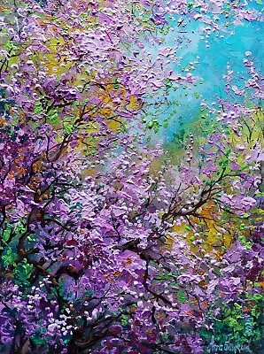 Cherry Tree Blossoming Oil Painting. Pink Sakura Branches Colorful Spring Art • $87