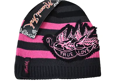 Miami Ink Womens True Love Sparrows Black & Pink Beanie Knit Hat New With Tags • $7.99