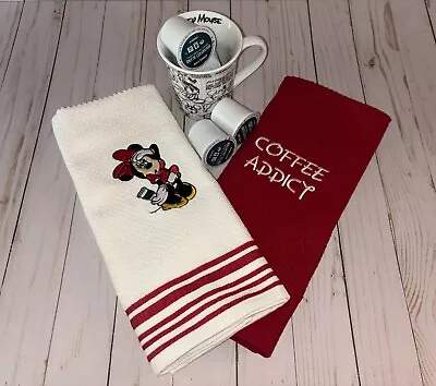 Disney Minnie Mouse Coffee Addict Embroidered Red Kitchen Towels TinksTreasurez • $18.50