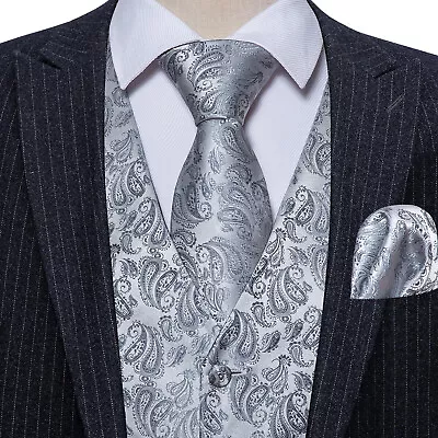 Mens Formal Wedding Waistcoat Paisley Floral Suit Vest Slim Tuxedo Silk Tie Set • $22.99