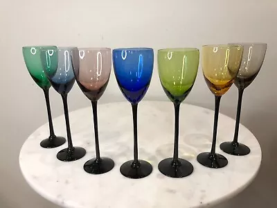 Multi Colored Set Of 7 Vintage Harlequin Black Amethyst Wine Goblets 7-1/2  Tall • $75