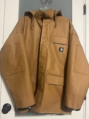 Carhartt Jacket Mens Small Brown PVC Rain Coat Hooded Waterproof Snap C64BRN • $65