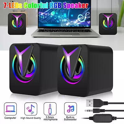 3.5mm Stereo Bass Sound Computer Speakers RGB 2.0 USB Wired For Laptop Desktop • $11.85